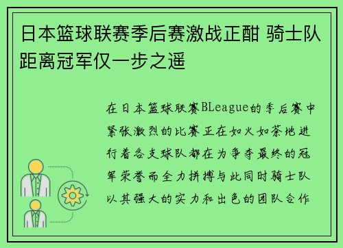 日本篮球联赛季后赛激战正酣 骑士队距离冠军仅一步之遥