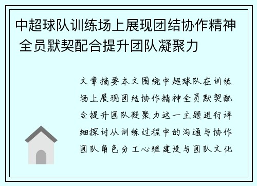 中超球队训练场上展现团结协作精神 全员默契配合提升团队凝聚力