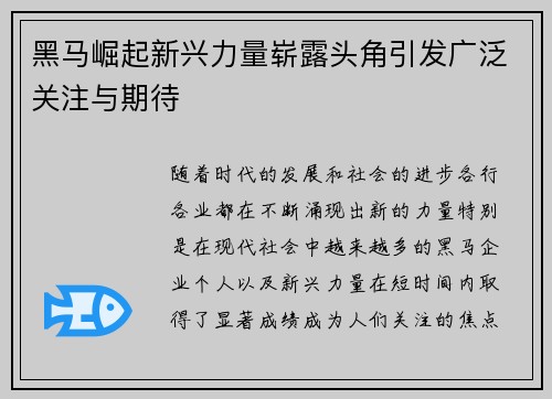 黑马崛起新兴力量崭露头角引发广泛关注与期待