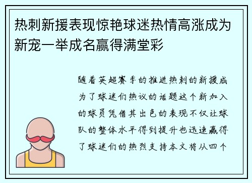 热刺新援表现惊艳球迷热情高涨成为新宠一举成名赢得满堂彩