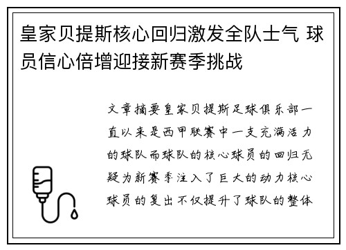 皇家贝提斯核心回归激发全队士气 球员信心倍增迎接新赛季挑战