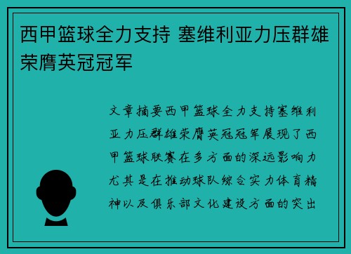 西甲篮球全力支持 塞维利亚力压群雄荣膺英冠冠军